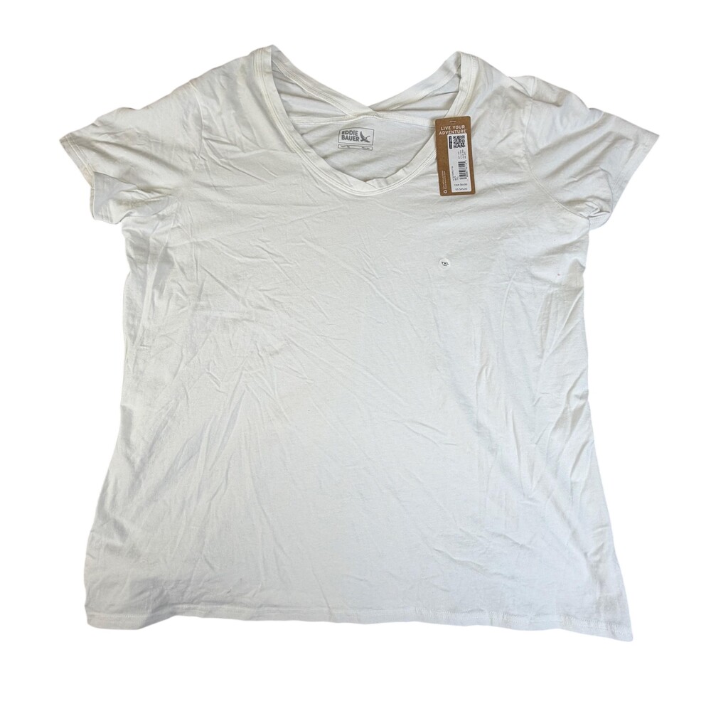 Eddie Bauer Shirt Womens Tall TXL White Tempo LT V Neck Short Sleeve Top Tee